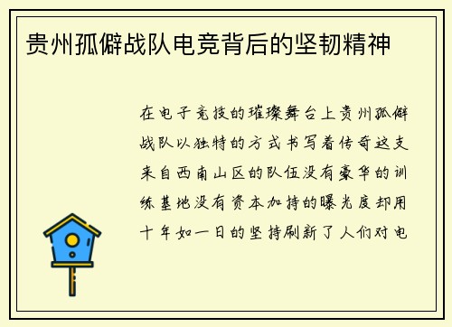 贵州孤僻战队电竞背后的坚韧精神