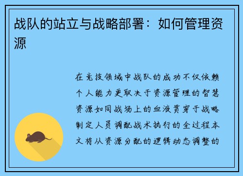战队的站立与战略部署：如何管理资源