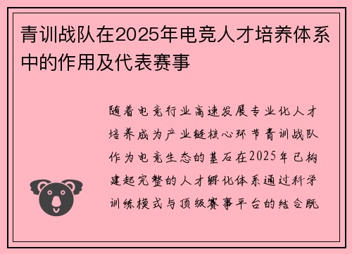 青训战队在2025年电竞人才培养体系中的作用及代表赛事