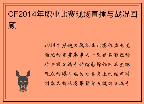 CF2014年职业比赛现场直播与战况回顾